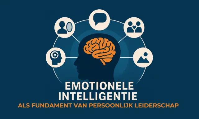 Emotionele intelligentie, met symbolen voor communicatie, relaties en zelfinzicht, is de basis voor persoonlijk leiderschap.