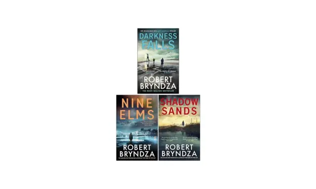 Copertine di libri di Robert Bryndza: "Darkness Falls", "Nine Elms" e "Shadow Sands". Thriller avvincenti.