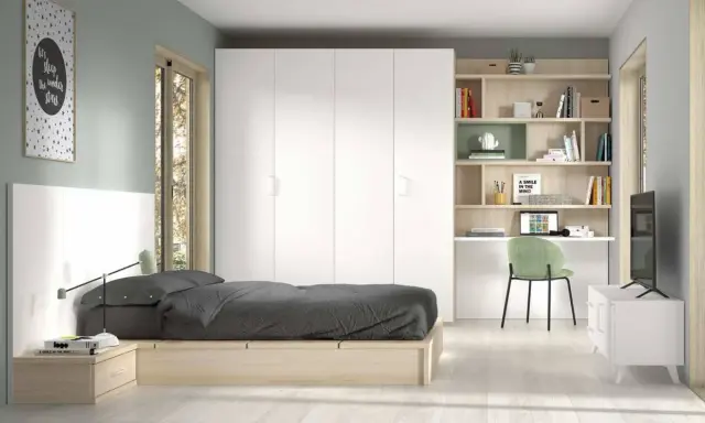 Habitación moderna con cama juvenil 135x190, armario blanco, escritorio y estanterías.