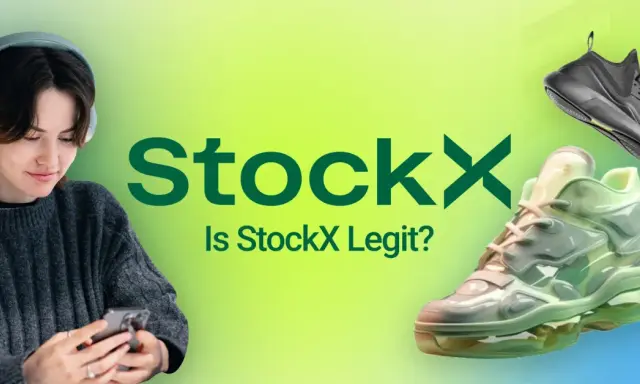 Dziewczyna w słuchawkach sprawdza na telefonie, czy StockX jest legit. Obok logo StockX widnieją dwa modele butów.
