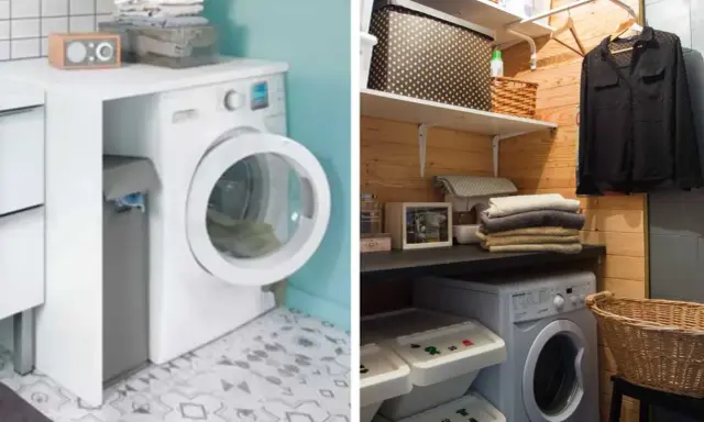 Aménagement d'une buanderie cellier fonctionnelle avec lave-linge, paniers à linge et rangements organisés.
