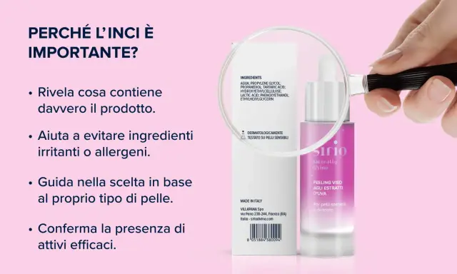 Lente d'ingrandimento su ingredienti di cosmetici fermentati, evidenziando la trasparenza e la scelta consapevole.