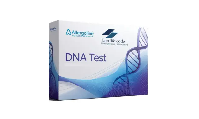 Scatola di un test del DNA di Allergoline, con il significato della delezione genetica implicito nella sua analisi.