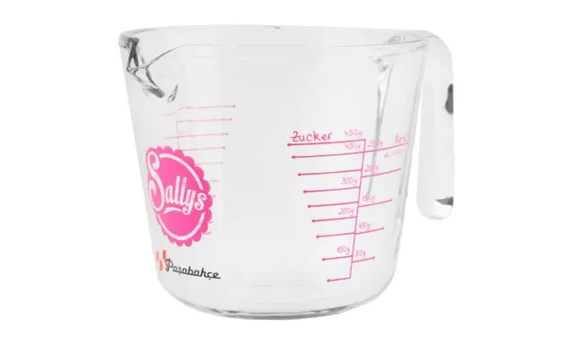 Glas-Messbecher mit rosa Markierungen für Zucker und Mehl. Ideal, um 1 ml abzumessen ohne Messbecher.