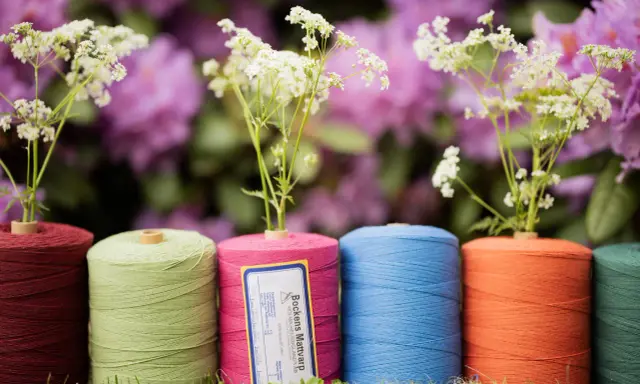 Rader av färgglada bomullsgarn i olika nyanser, med små vita blommor som sticker upp ur rullarna. Bakgrunden är en suddig lila blomsterprakt.