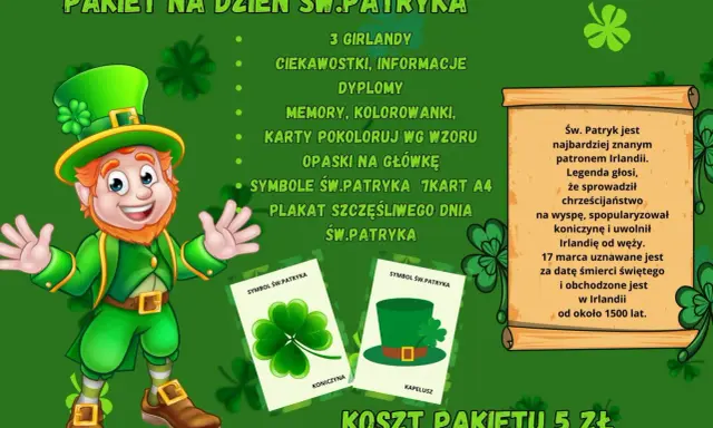 Zielony pakiet na Dzień Św. Patryka: skrzat, koniczyna, kapelusz, girlandy, ciekawostki, dyplomy, memory, kolorowanki, opaski. Symbole Św. Patryka.