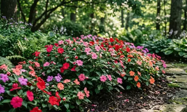 A vibrant bed of growing impatiens in shades of pink, red, and orange blooms along a stone path, nestled amongst lush green foliage and trees.