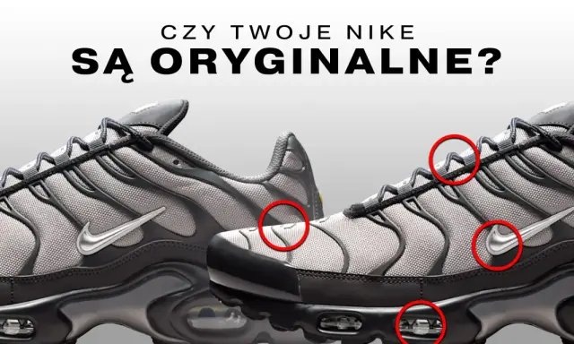 Porównanie butów Nike Air Max, gdzie czerwone kółka wskazują potencjalne różnice między oryginałami a podróbkami.