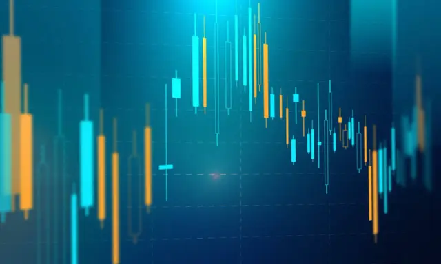 Gráfico de velas japonesas con barras ascendentes y descendentes, simulando la inversión y la rentabilidad en mercados financieros.
