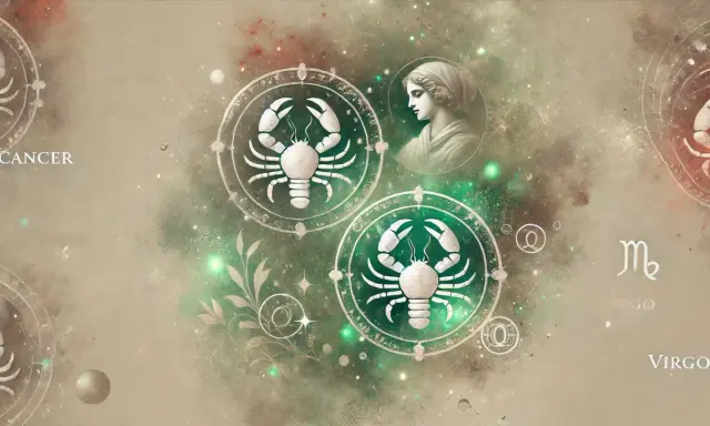 Dwa symbole zodiaku Rak, jeden z zieloną obwódką, a drugi z szarą. Obok profil kobiety i symbol Panny.