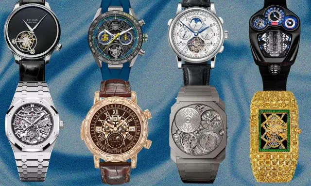 Collezione di orologi di lusso, tra cui un Patek Philippe con tourbillon, che illustra il significato di alta orologeria.
