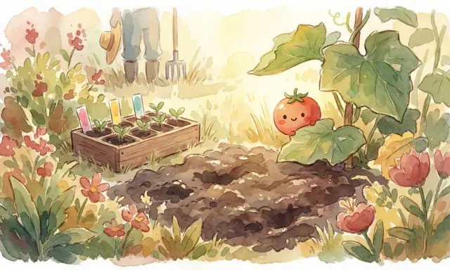 Un huerto soleado con plantones listos para sembrar. ¡Es el momento perfecto para saber qué plantar en abril y ver crecer un tomate sonriente!
