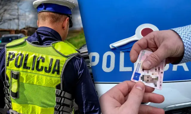 Policjant w kamizelce odblaskowej i ręka podająca prawo jazdy na tle radiowozu.