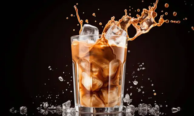 Un café glacé maison éclabousse dans un verre rempli de glaçons.