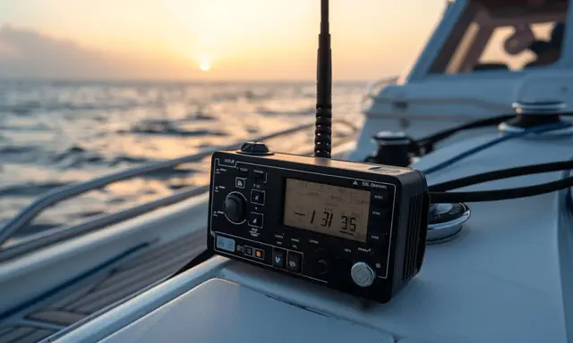 Radio VHF sur un bateau au coucher du soleil. Le classement VHF est essentiel pour la sécurité en mer.