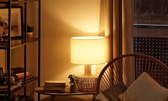 Ambiente acogedor con iluminación indirecta en el salón. Una lámpara de mesa ilumina suavemente la estancia, creando un espacio cálido y relajante.