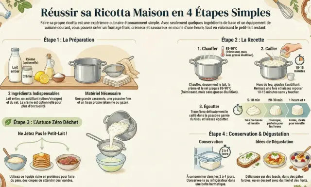 Guide pour réussir sa ricotta maison en 4 étapes simples : ingrédients, préparation, recette et dégustation.
