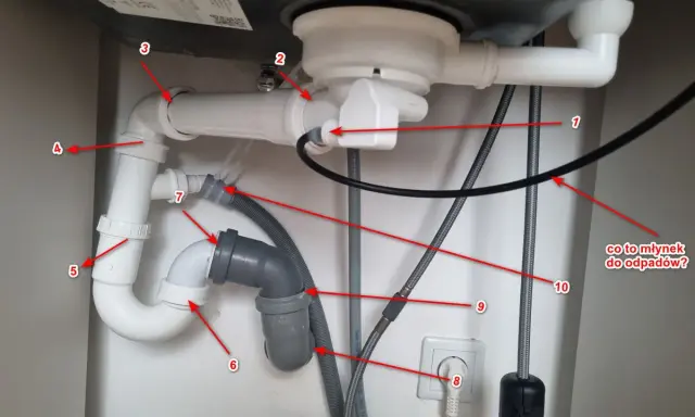 Instalacja hydrauliczna pod zlewem, pokazująca jak zrobić odpowietrzenie WC. Widoczne rury, syfon i podłączenie do gniazdka.
