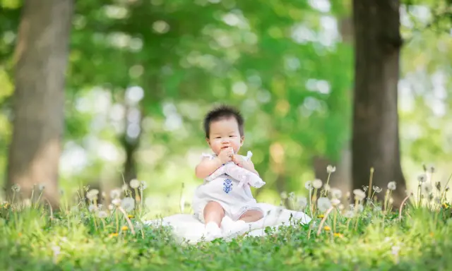 Dolce bimbo di 9 mesi seduto sull'erba, con soffioni e alberi sullo sfondo. Una foto che cattura la sua curiosità.