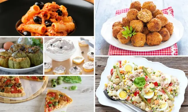 Collage di piatti: pasta al sugo e olive, polpette, zucchine ripiene, tartine, pizza e insalata di riso con specie di tonno.