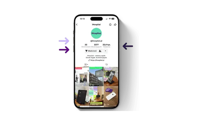 Profil iHospital na TikToku, pokazujący jak skonfigurować iPhone. Widoczne filmy o serwisie Apple i porady.