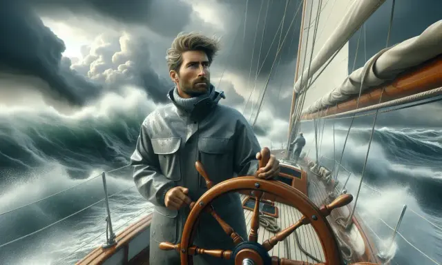 Un homme au gouvernail d'un bateau dans la tempête, affrontant les vagues déchaînées sous un ciel orageux.