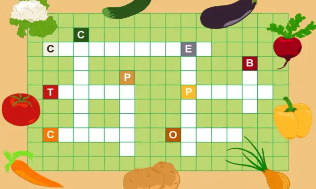 Cruciverba online con verdure: cavolfiore, pomodoro, carota, cipolla, patate, peperone, melanzana, rapa, cetriolo.