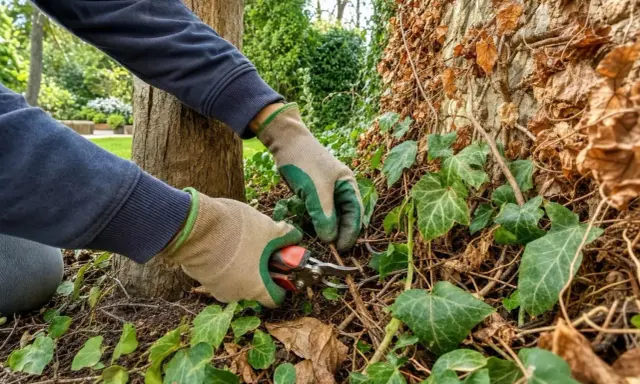 Mains gantées taillant le lierre grimpant au pied d'un arbre et d'un mur couvert de feuilles sèches.