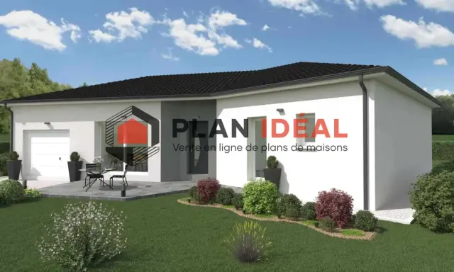 Une maison moderne de 110m2 avec garage, terrasse et jardin paysager. Le logo PLAN IDEAL est visible.