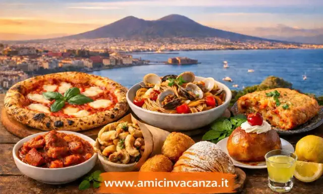 Un banchetto di specialità di Napoli: pizza, spaghetti alle vongole, ragù, fritture e dolci, con il Vesuvio sullo sfondo.