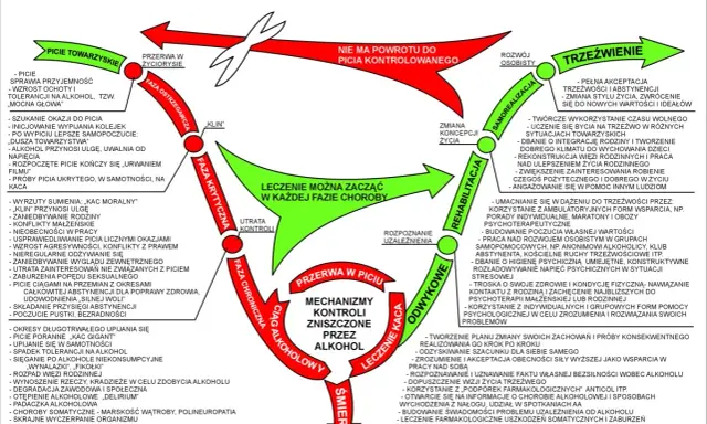 Schemat faz uzależnienia od alkoholu i terapii. Pokazuje cykl choroby, od picia towarzyskiego do śmierci, z możliwością leczenia na każdym etapie. Tolerancja na alkohol wzrasta w początkowych fazach.