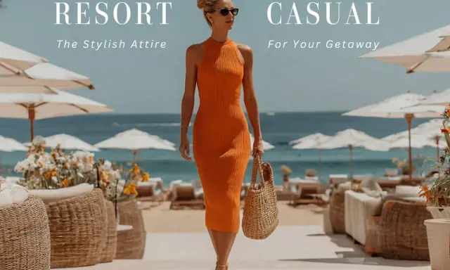 A woman walks on a beach path in a vibrant orange dress, showcasing resort casual attire. Umbrellas and lounge chairs dot the sandy shore.