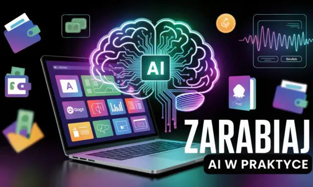 AI napędza najskuteczniejsze zarabianie w internecie. Grafika przedstawia mózg AI, laptop z aplikacjami, portfele i symbol dolara.