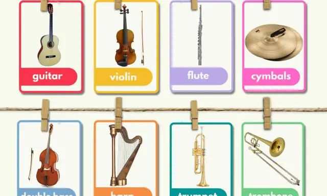 Un ensemble d'images d'instruments de musique : guitare, violon, flûte, cymbales, contrebasse, harpe, trompette et trombone.
