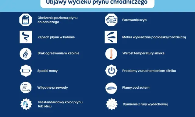 Objawy wycieku płynu chłodniczego: niski poziom, zapach w kabinie, parowanie szyb, mokra wykładzina, wzrost temperatury silnika, plamy pod autem.