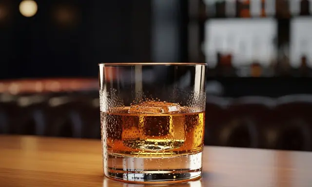 Ett glas med en gyllene dryck, en isbit och kondens på glaset. En perfekt godfather drink på en träyta.