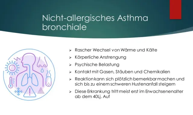 Nicht-allergisches Asthma bronchiale: Auslöser wie Kälte, Anstrengung, Stress, Chemikalien. Symptome können sich plötzlich verschlimmern.