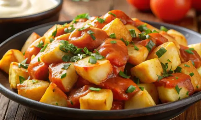 En skål med gyllene, friterade potatisbitar täckta av en kryddig tomatsås och toppade med färska örter. En klassisk rätt med patatas bravas.