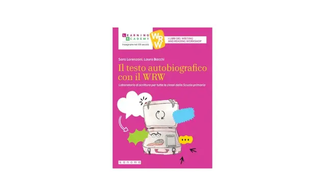 Copertina libro "Il testo autobiografico con il WRW", laboratorio di scrittura per la scuola primaria. Illustrazione di una valigia aperta con oggetti personali.