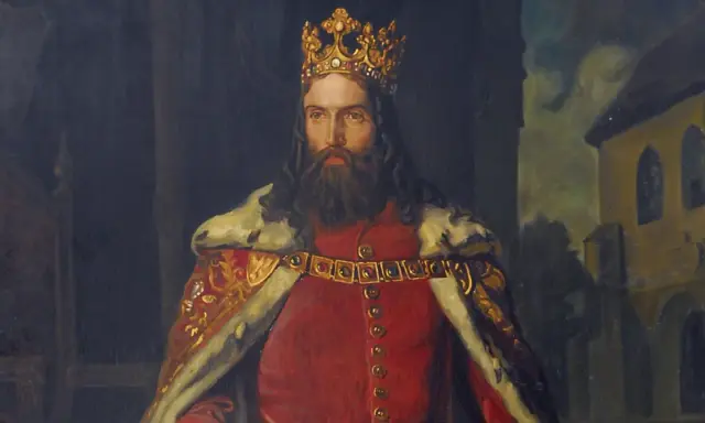 Portret króla Kazimierza Wielkiego, który zasłużył na ten przydomek dzięki swoim dokonaniom. Król w koronie i purpurowym płaszczu.
