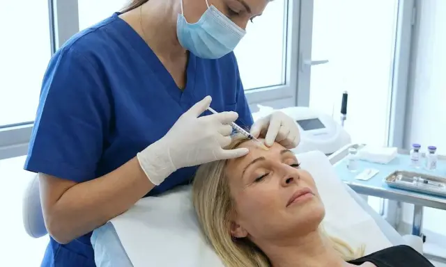 Medico esegue iniezione di botulino per chirurgia estetica sul viso di una donna.