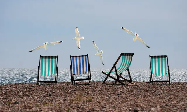 Plaża z leżakami i mewami w locie. Czy urlop przechodzi do nowej pracy?