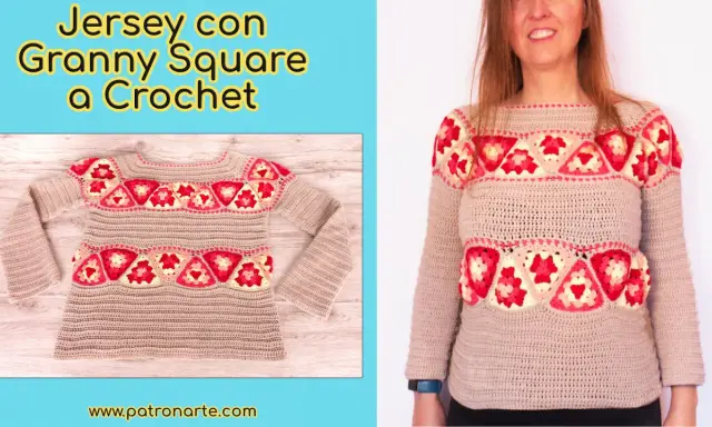 Jersey beige con detalles de granny squares en rosa y amarillo. ¡Encuentra el patrón jersey crochet gratis para crear el tuyo!
