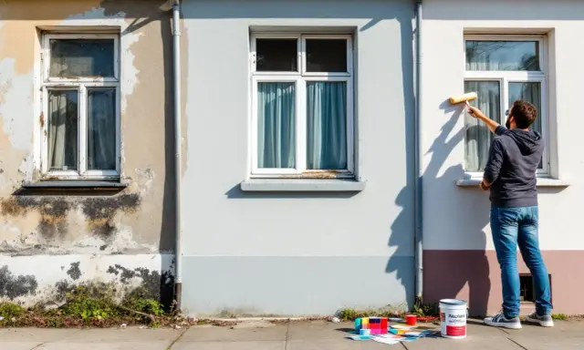 Un homme est en train de refaire un mur extérieur avec un rouleau. Des échantillons de couleurs et un pot de peinture sont posés au sol.