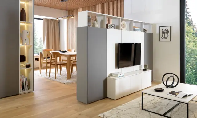 Aménagement salon TV moderne avec séparation de pièces, étagères et mobilier épuré.