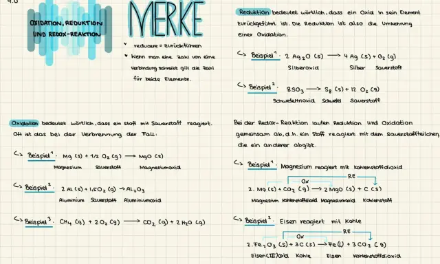 Oxidation: Stoff reagiert mit Sauerstoff. Beispiel: Magnesium verbrennt zu Magnesiumoxid.