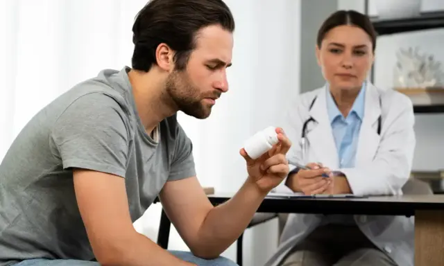 Mężczyzna zamyślony trzyma pojemnik z lekami. Lekarka siedzi za biurkiem, sugerując ponowne zwolnienie lekarskie po 182 dniach choroby.