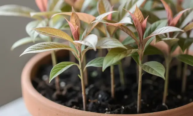 Jeunes pousses aux feuilles vertes et rosées, prêtes à grandir. L'art de faire pousser un noyau de litchi.