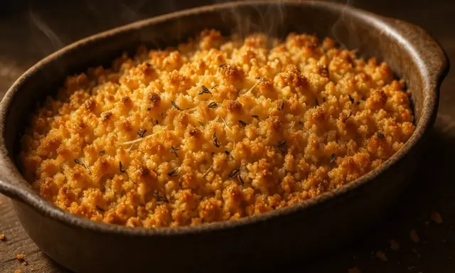 Un délicieux crumble sortant du four, fumant et doré. Parfait pour une recette de crumble maison.