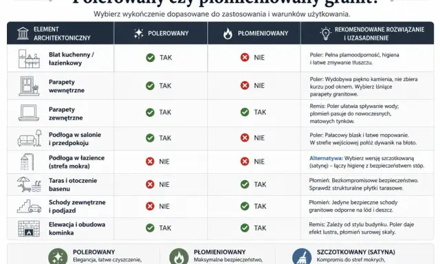 Tabela porównująca granit polerowany i płomieniowany. Płomieniowany granit jest idealny na zewnątrz, np. na tarasy i schody, zapewniając bezpieczeństwo.